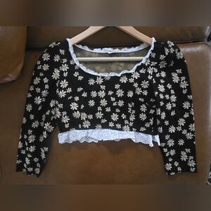 Miu Miu Black and Cream Fitted Crop Blouse